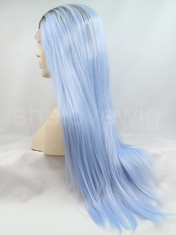 Silk Straight Black Root Blue Synthetic Hair Lace Front Wig