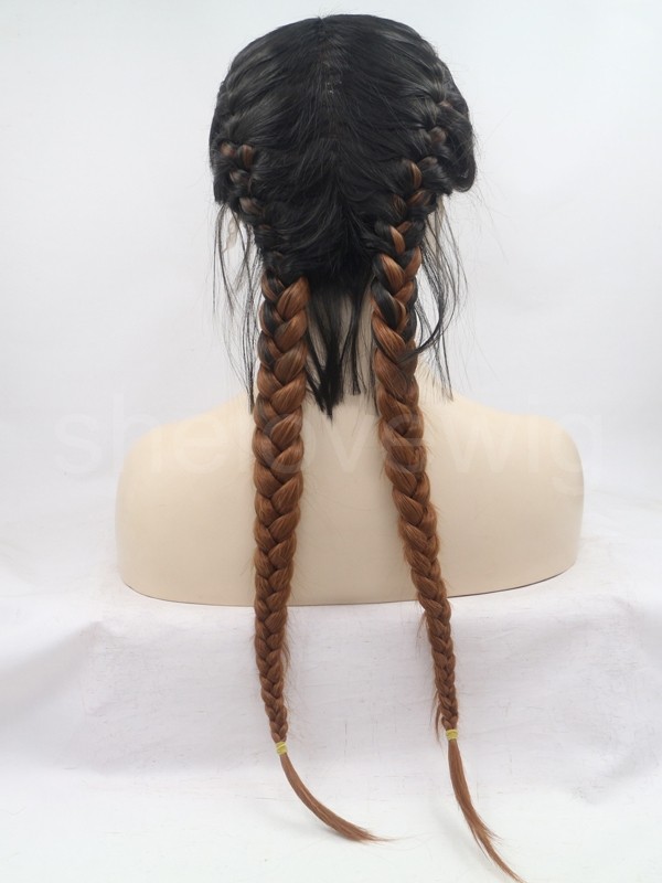 Black Root Brown Synthetic Lace Front Wig Braid Hair