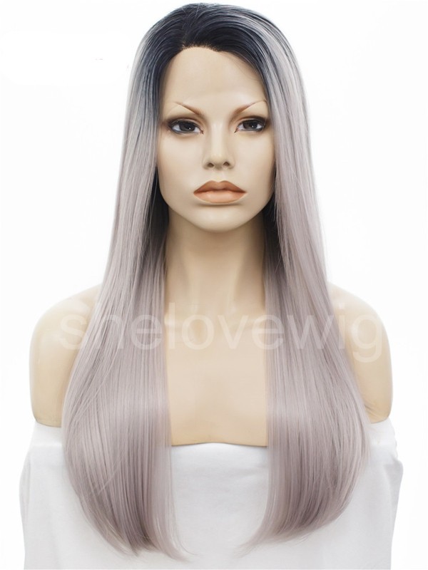 Silk Straight Black Grey Synthetic Lace Front Wig