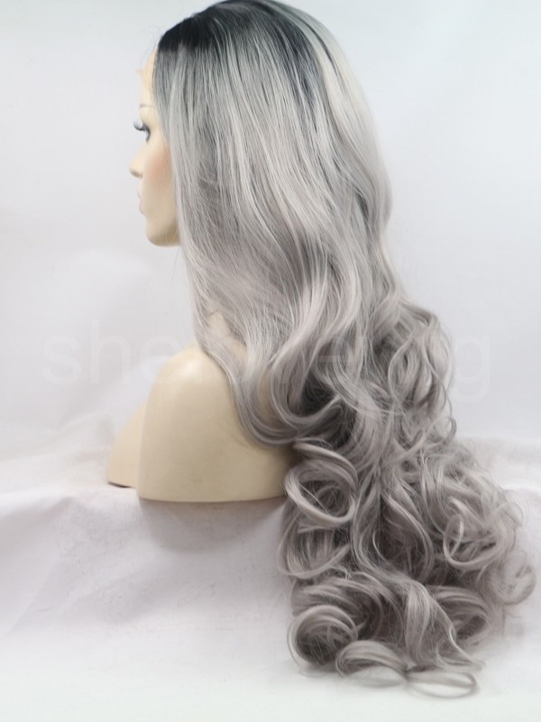 Black Grey Synthetic Lace Front Wig Wave Ombre