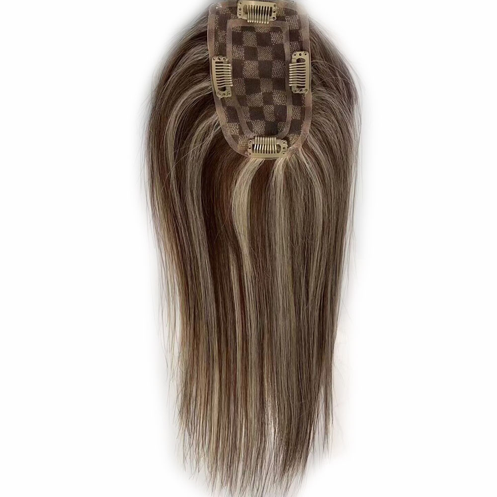 Virgin Human Hair System for Women Mono Base Hair Toppers with Clips Highlight Color