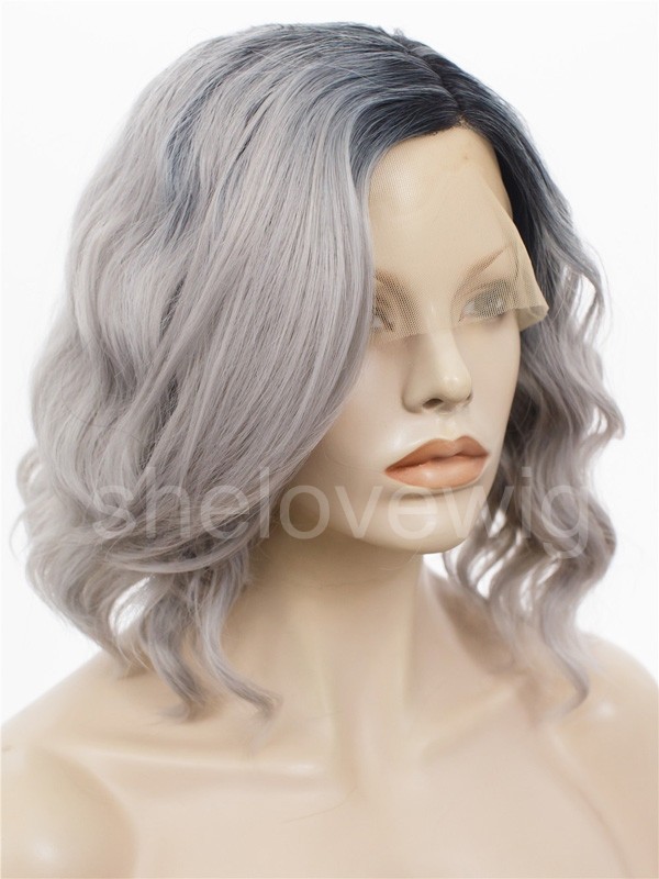 Short Black with Grey Wave Synthetic Lace Wig