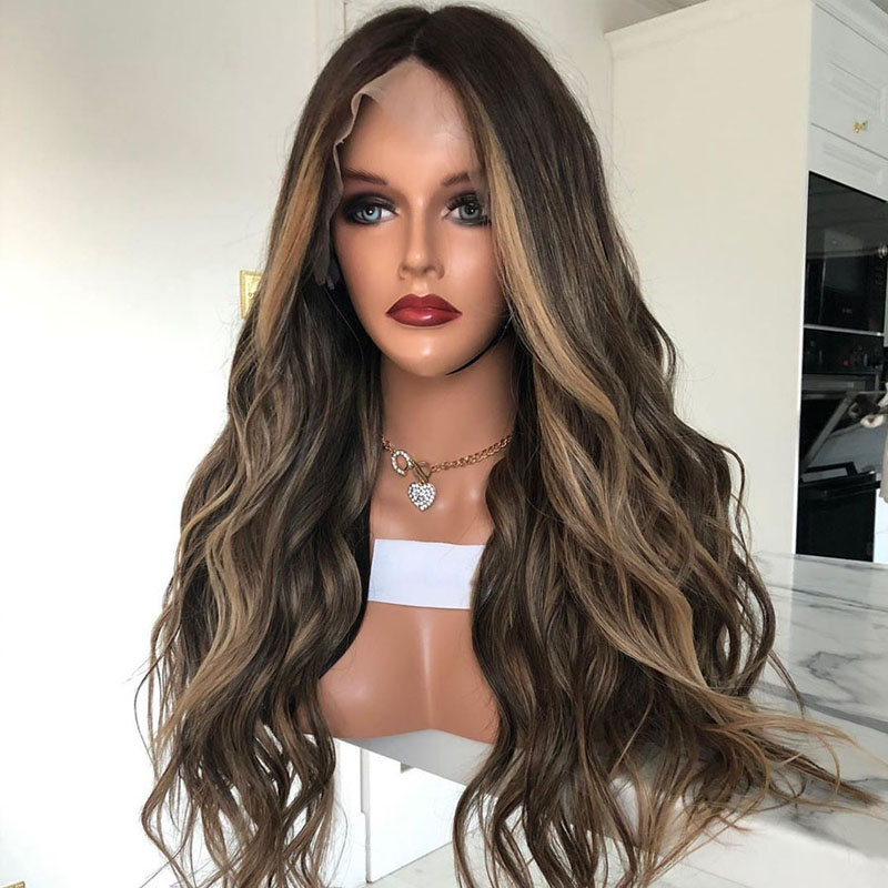 Highlight Color Remy Hair Full Lace Wigs Wave Dark Brown with Blonde Highlight Lace Front Wig