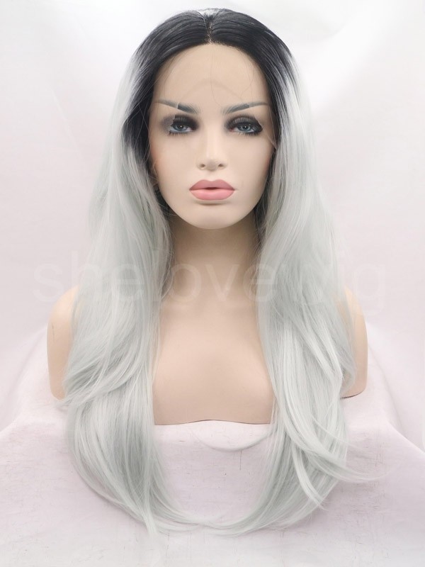 Black Root White Grey Synthetic Lace Front Wig Ombre
