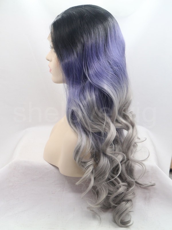 Three Ombre Synthetic Hair Lace Front Wig Black Blue Grey Color