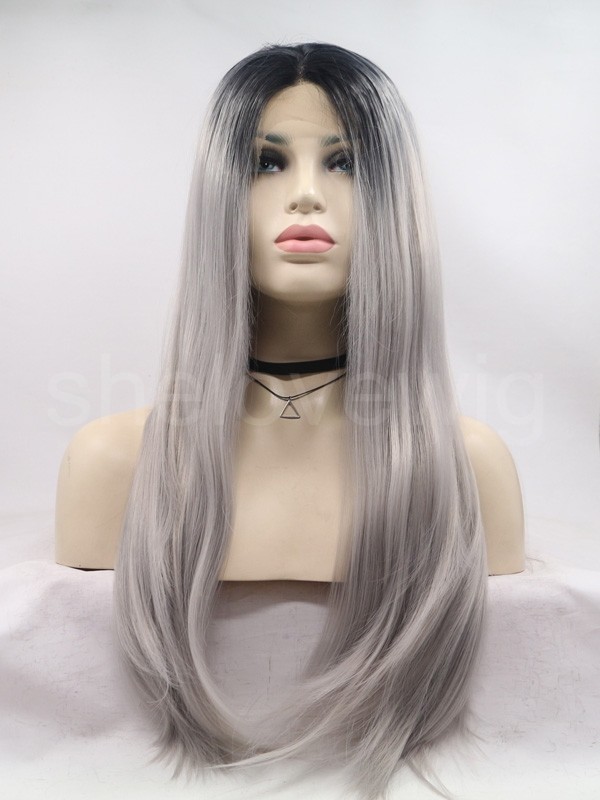 Straight Synthetic Lace Front Wig Black Root Ombre Grey