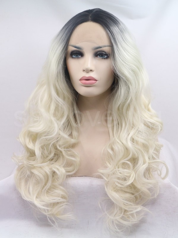 Platinum Blonde Lace Front Wig Synthetic Hair Ombre Black