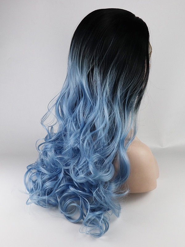 Ombre Black Blue Synthetic Lace Front Wig Wave Hairstyle