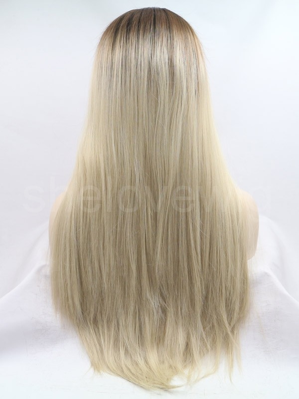 Silk Straight Lace Front Wig Synthetic Hair Black Ash Blonde Ombre