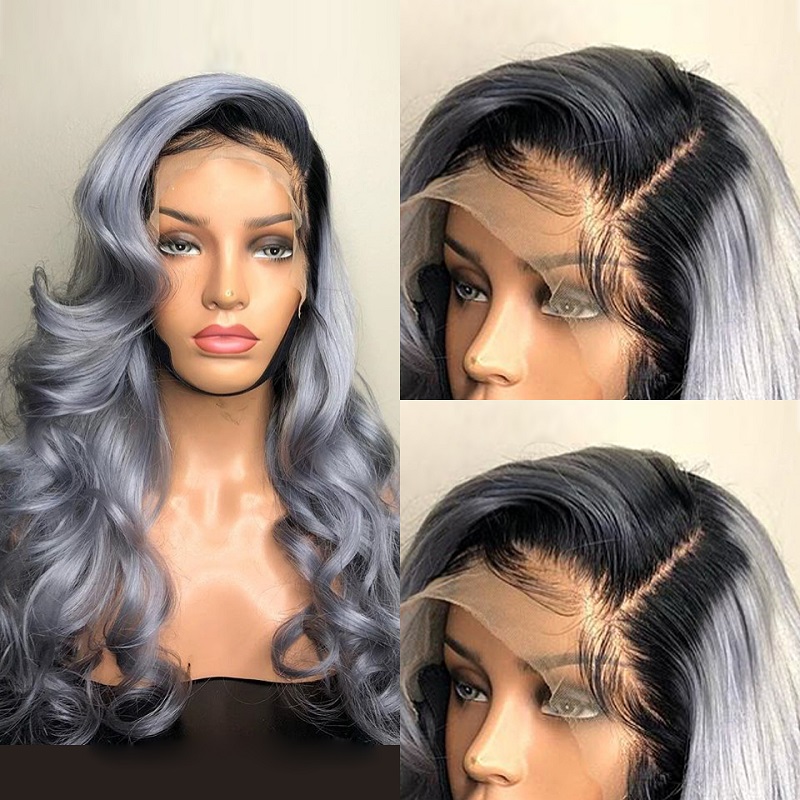 Ombre Grey Human Hair Glueless Full Lace Wig Wave